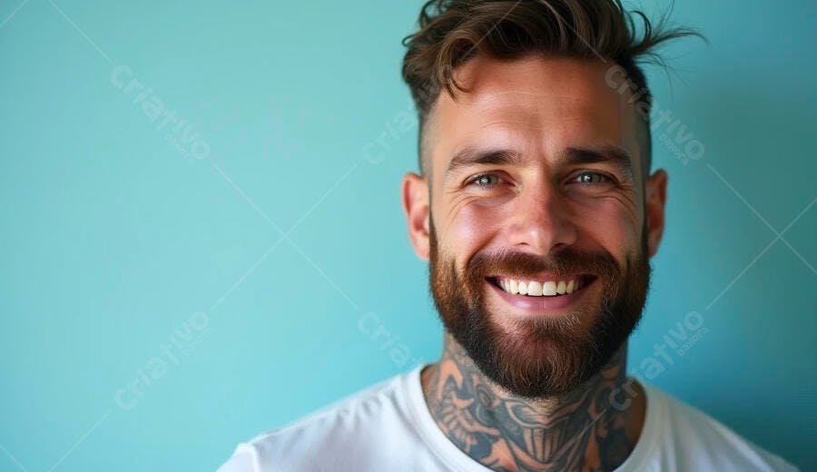 Homem jovem barbudo sorrindo com tatuagens em fundo azul-turquesa