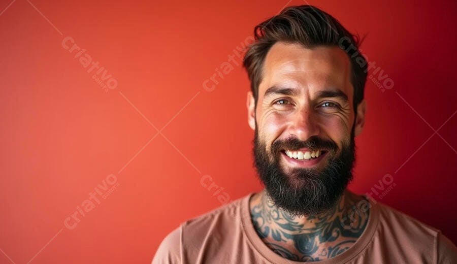 Homem barbudo tatuado sorrindo feliz com fundo vermelho vibrante