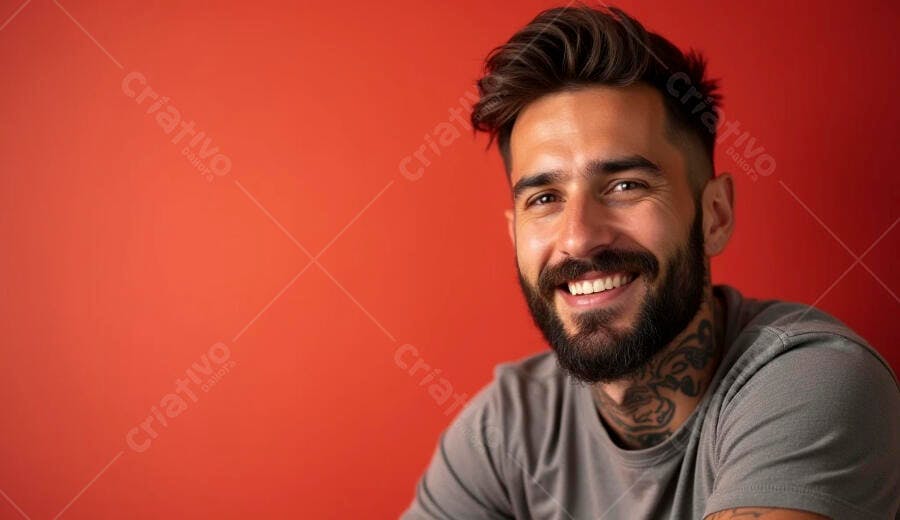 Homem barbudo sorrindo com tatuagem no pescoço em fundo vermelho vibrante