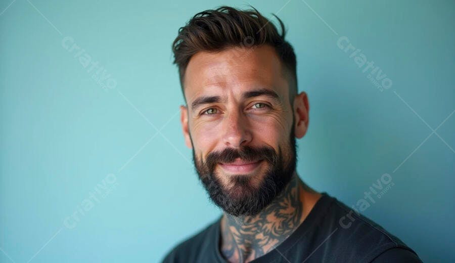 Homem caucasiano com barba e tatuagens sorrindo em fundo azul claro