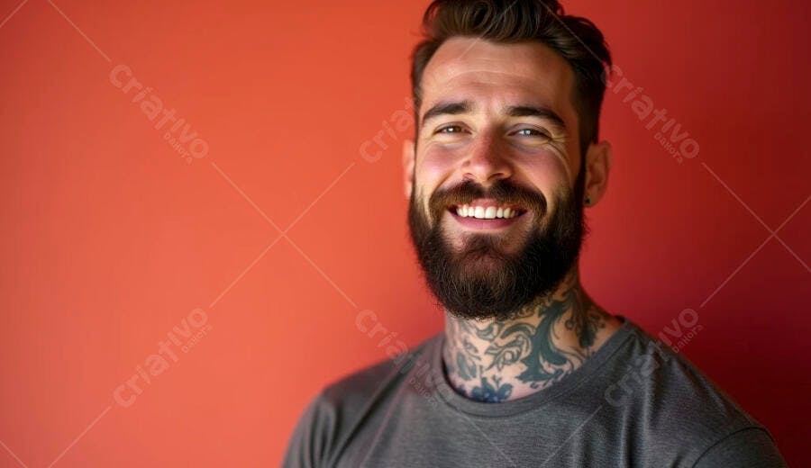 Homem barbudo sorrindo com tatuagem no pescoço contra fundo vermelho laranja