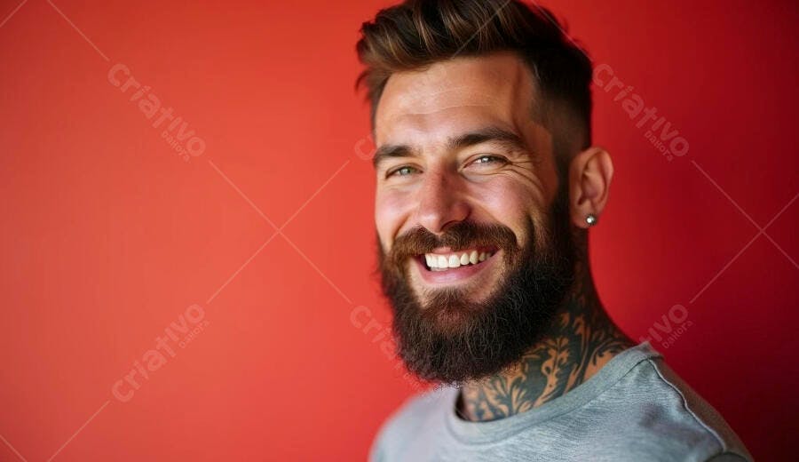 Homem barbudo caucasiano sorrindo com tatuagens no pescoço fundo vermelho