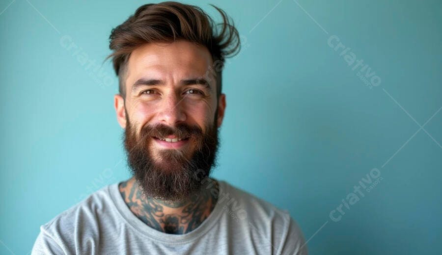 Homem barbudo caucasiano sorrindo com tatuagens fundo azul