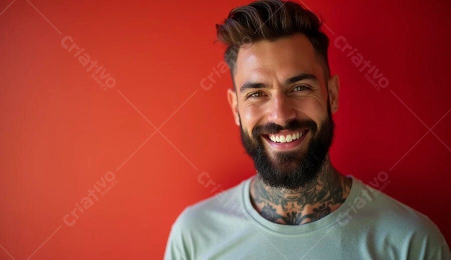 Homem barbudo tatuado sorrindo feliz em fundo vermelho vibrante