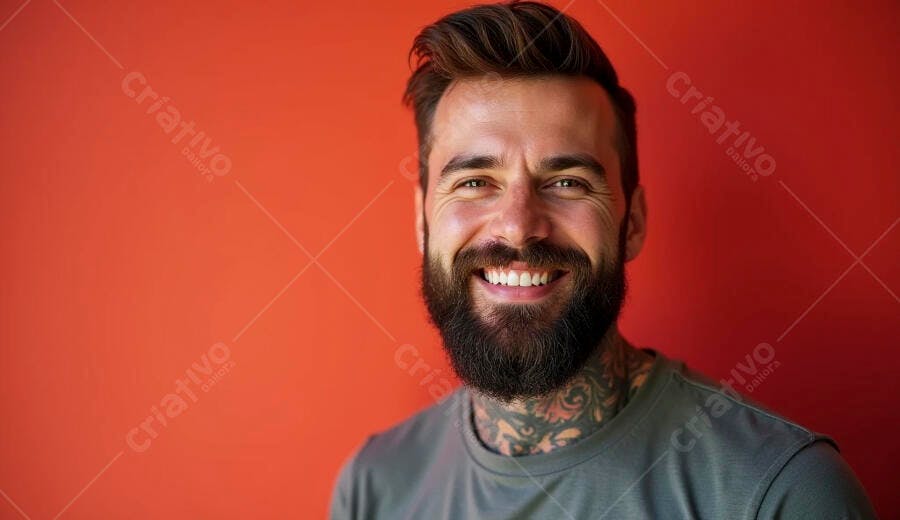 Homem barbudo tatuado sorrindo em fundo laranja vibrante