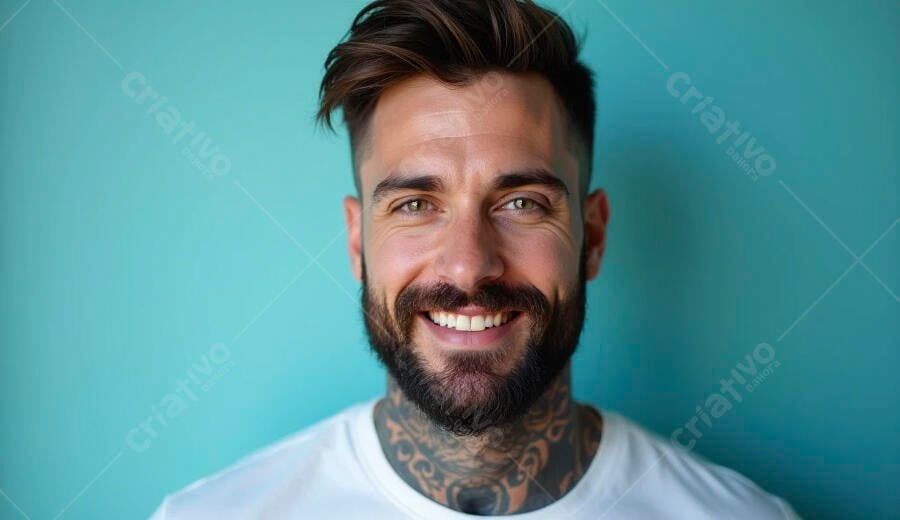 Jovem homem barbudo tatuado sorrindo em fundo azul turquesa