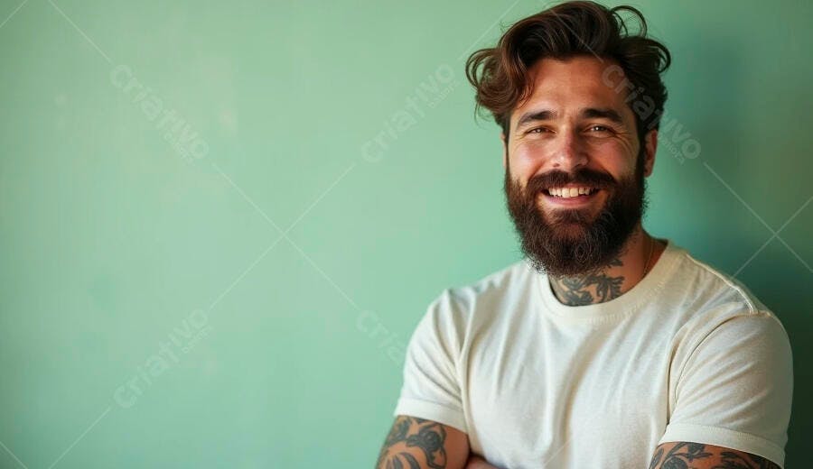 Homem caucasiano barbudo sorrindo com braços cruzados em fundo verde