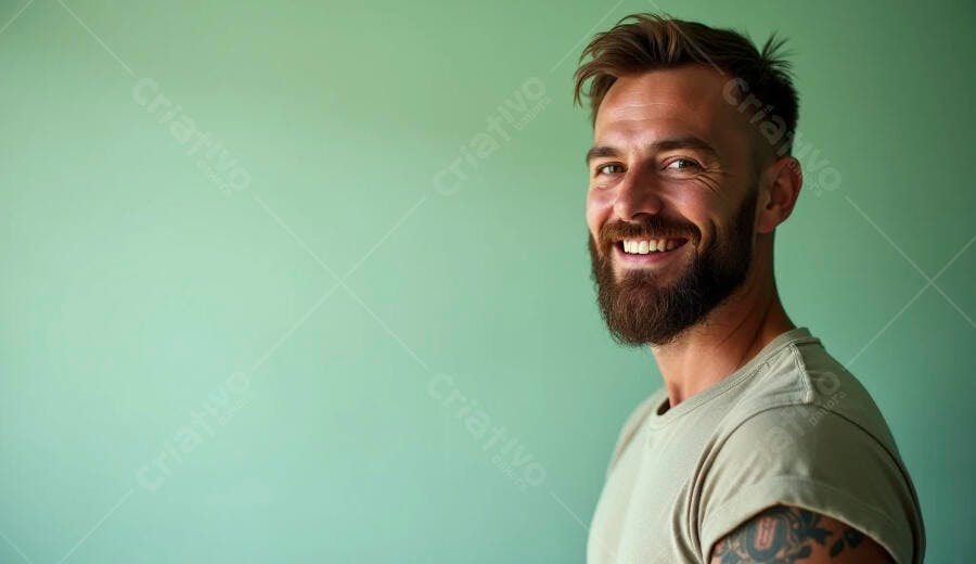 Homem barbudo caucasiano sorrindo alegremente com camiseta bege em fundo verde menta