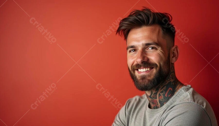 Homem caucasiano barbudo sorrindo com tatuagens em fundo vermelho vibrante