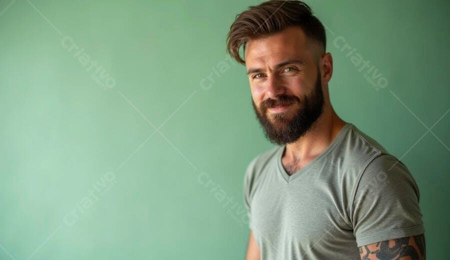 Homem barbudo caucasiano sorrindo com camiseta cinza em fundo verde claro