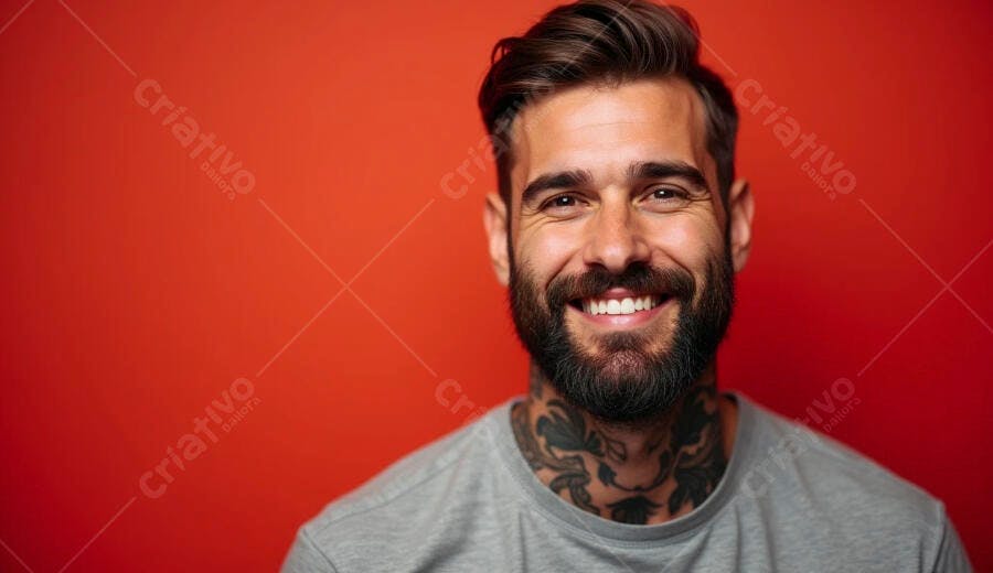Homem caucasiano barbudo sorrindo com tatuagem em fundo vermelho vibrante