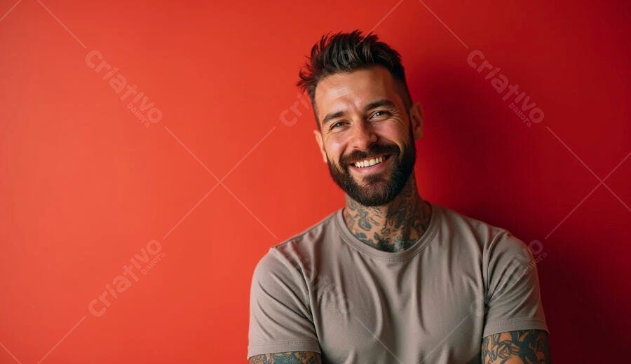 Homem barbudo tatuado sorrindo com camiseta bege em fundo vermelho vibrante