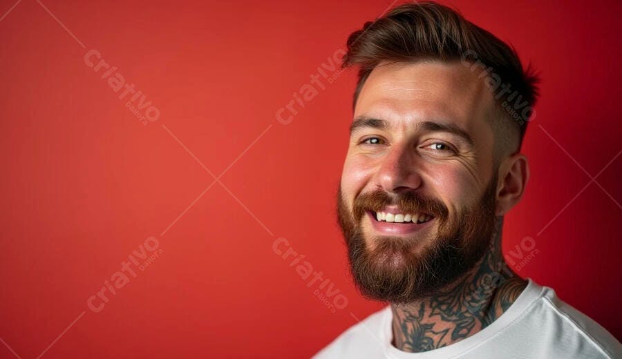 Homem caucasiano barbudo sorrindo com tatuagens no pescoço em fundo vermelho