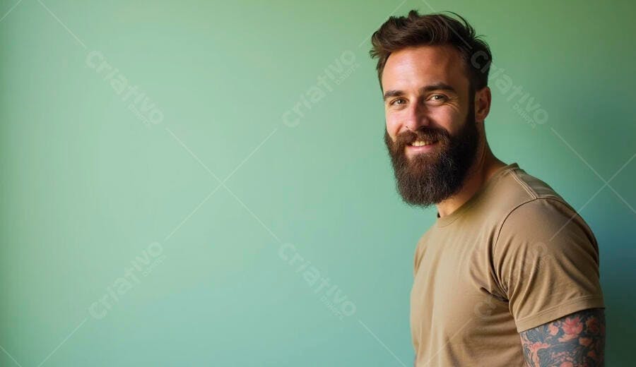 Homem barbudo caucasiano sorrindo com tatuagem em camiseta marrom e fundo verde claro