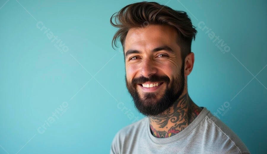 Homem caucasiano barbudo tatuado sorrindo alegremente em fundo azul-turquesa