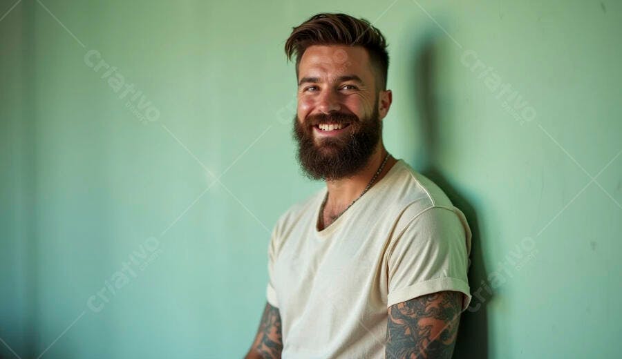 Homem barbudo caucasiano com tatuagens sorrindo contra parede verde menta