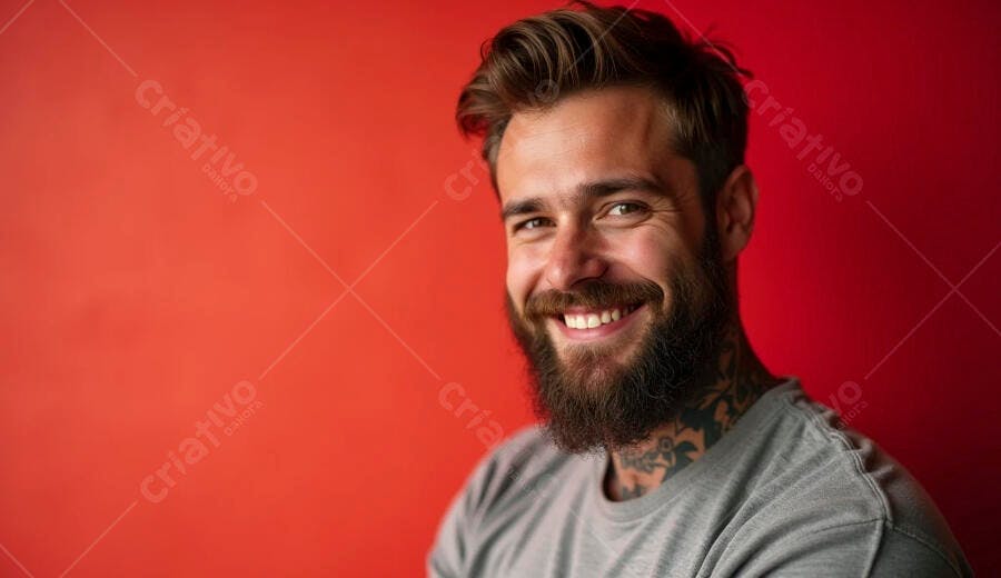 Homem barbudo caucasiano sorrindo com tatuagens e camiseta cinza em fundo vermelho