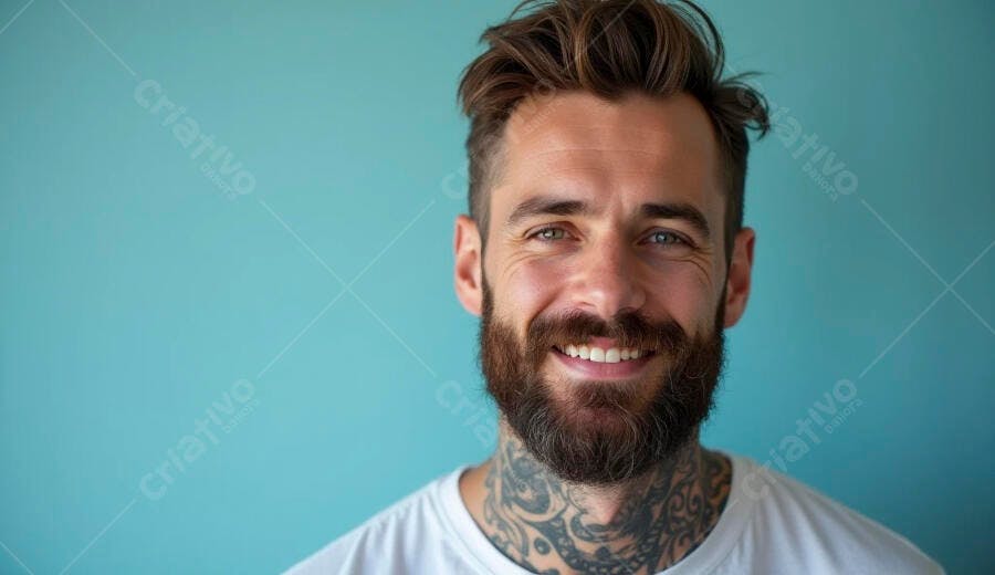 Homem barbudo tatuado sorrindo em retrato com fundo azul vibrante