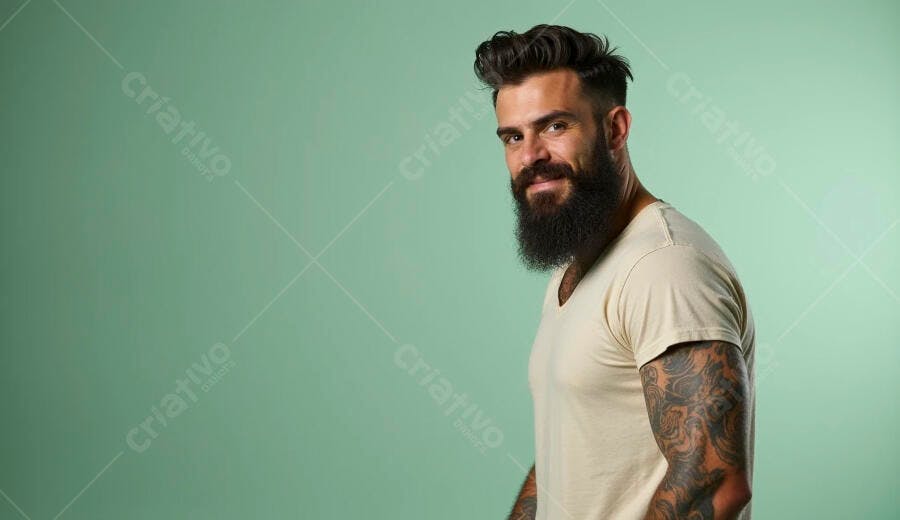 Homem barbudo com tatuagens no braço camisa clara sorrindo em fundo verde claro