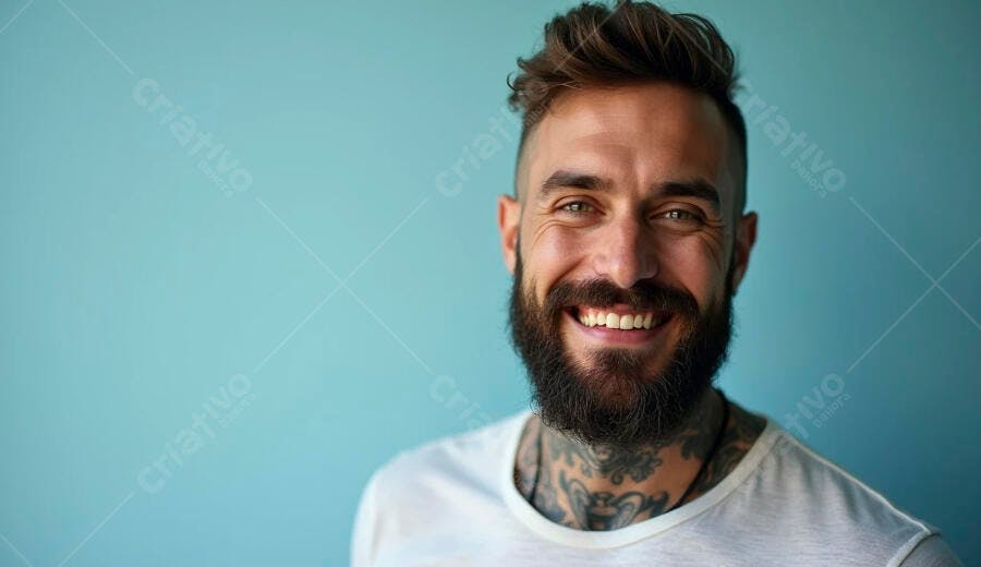 Homem barbudo tatuado sorrindo feliz camiseta branca fundo azul