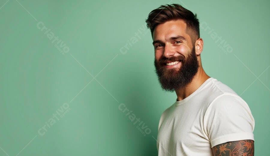 Homem barbudo sorrindo feliz usando camiseta branca em fundo verde menta