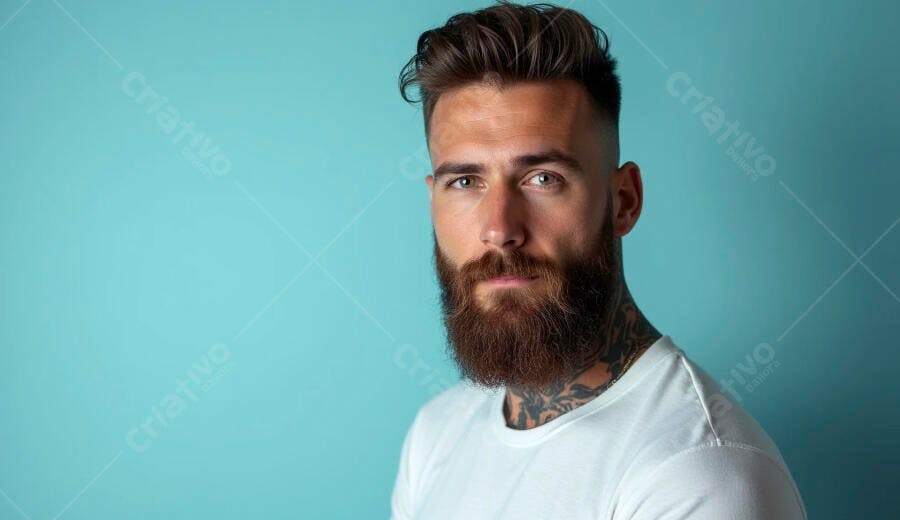 Jovem homem barbudo tatuado olhos verdes em fundo azul-turquesa