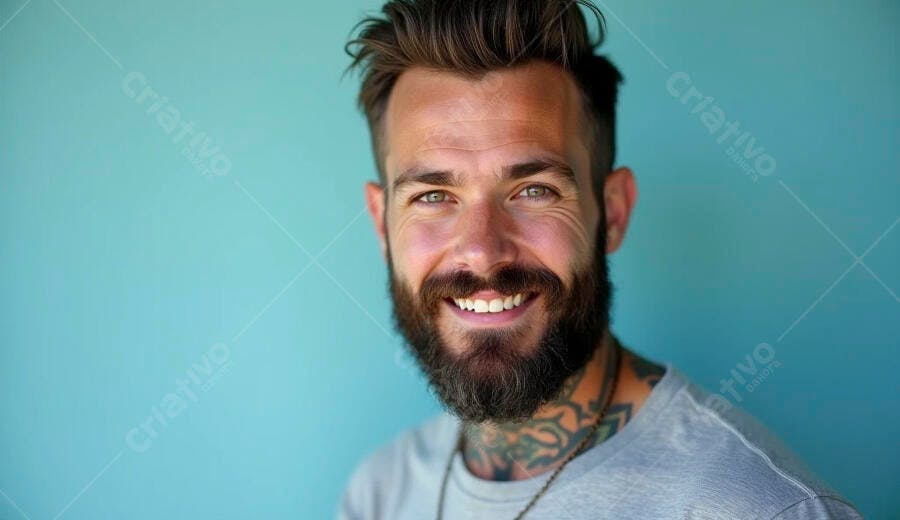 Homem barbudo tatuado sorrindo feliz com olhos verdes em fundo azul-petróleo
