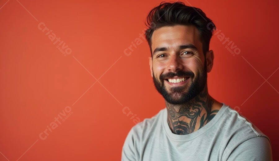 Homem sorridente com barba e tatuagens em camiseta cinza e fundo laranja vibrante