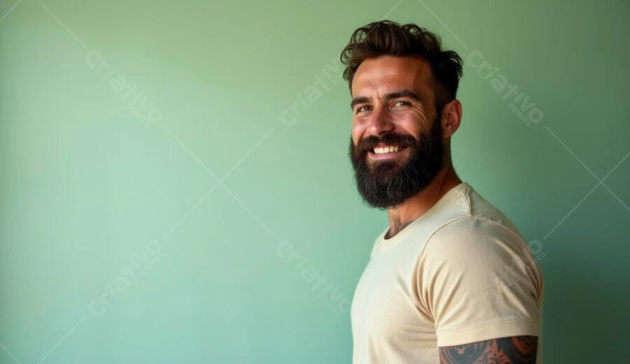 Homem barbudo sorrindo em camiseta bege com fundo verde claro