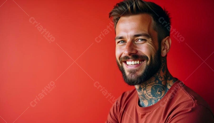 Homem barbudo tatuado sorrindo feliz contra fundo vermelho vibrante