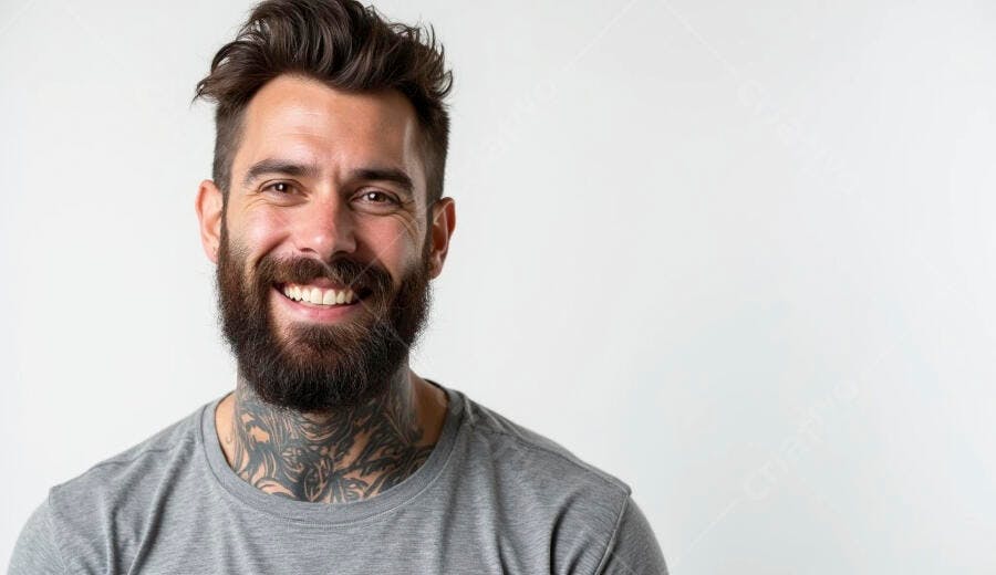 Homem branco barbudo sorrindo feliz com tatuagens no pescoço em camiseta cinza estúdio
