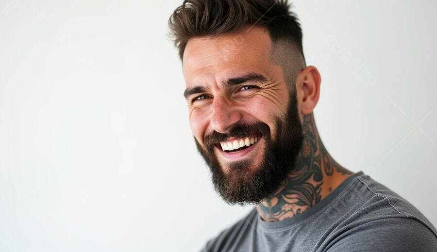 Homem barbudo sorrindo tatuado com camiseta cinza em fundo branco