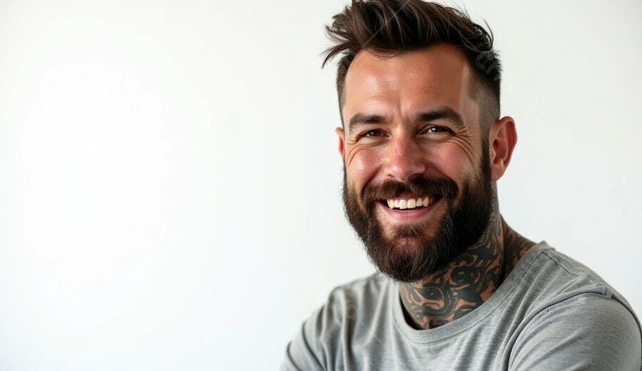 Homem branco barbudo sorrindo com tatuagens no pescoço camisa cinza fundo branco