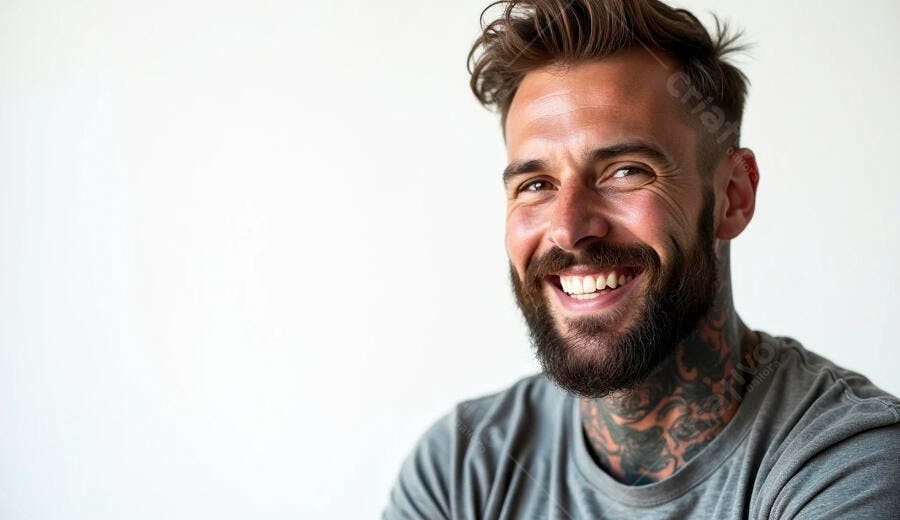 Homem caucasiano barbudo sorrindo feliz em estúdio branco