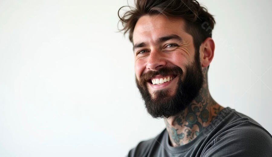 Homem barbudo sorrindo com tatuagens no pescoço em camiseta cinza