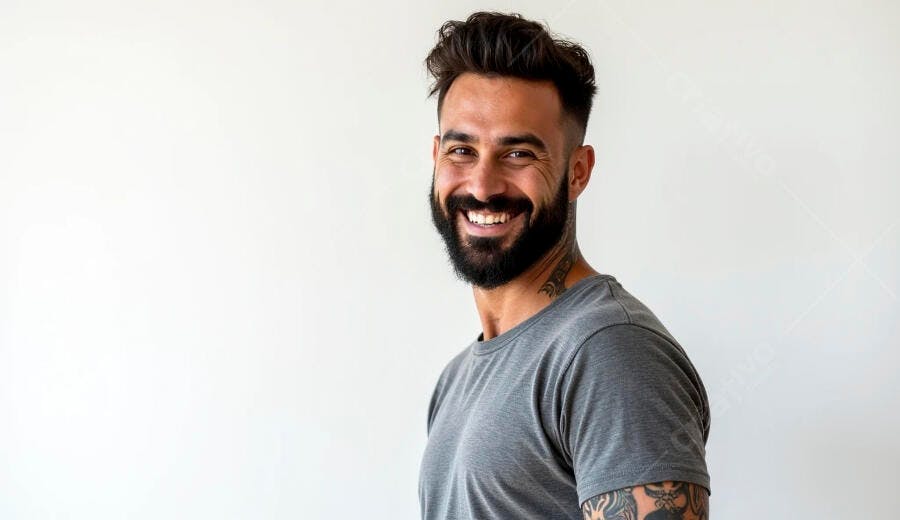 Homem barbudo sorrindo com camiseta cinza e tatuagens em fundo branco