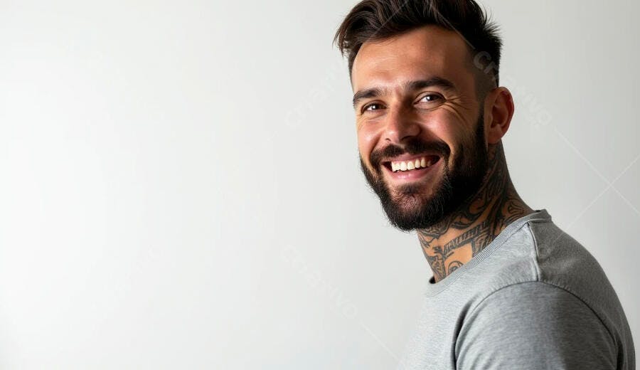 Homem barbudo tatuado de camiseta cinza sorrindo feliz