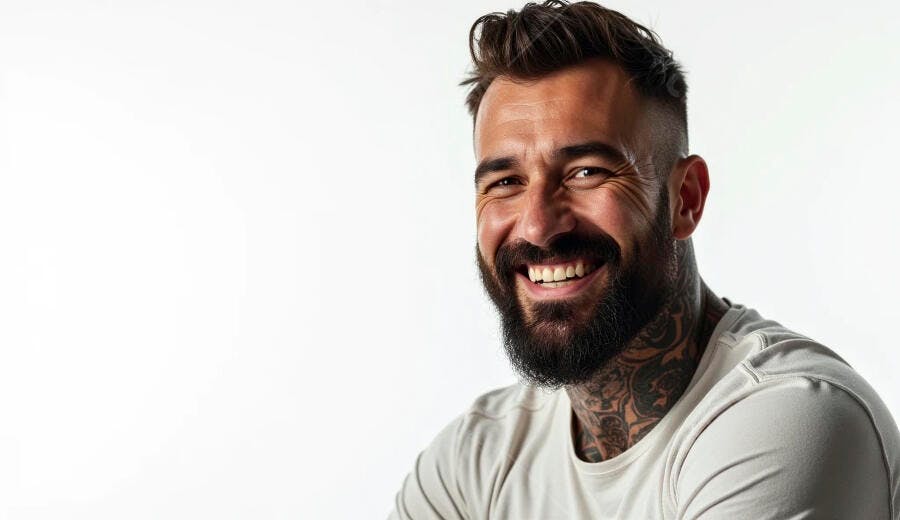 Homem barbudo tatuado sorrindo feliz em estúdio branco