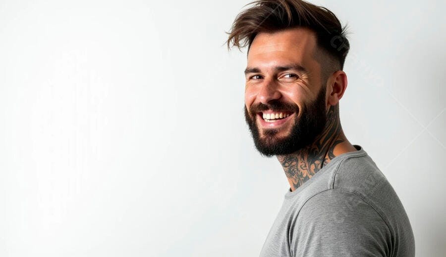 Homem com barba e tatuagens sorrindo feliz em camisa cinza contra fundo branco