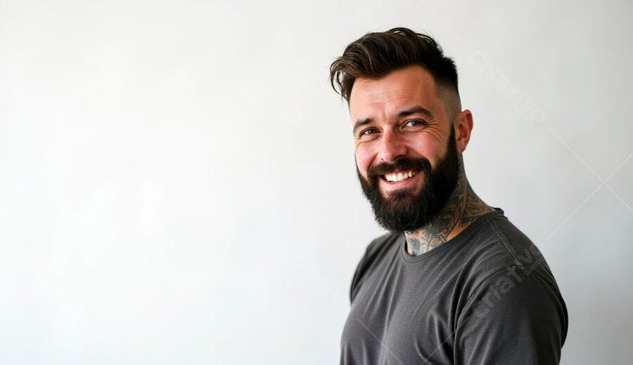 Homem barbudo caucasiano sorrindo com tatuagens em fundo branco minimalista