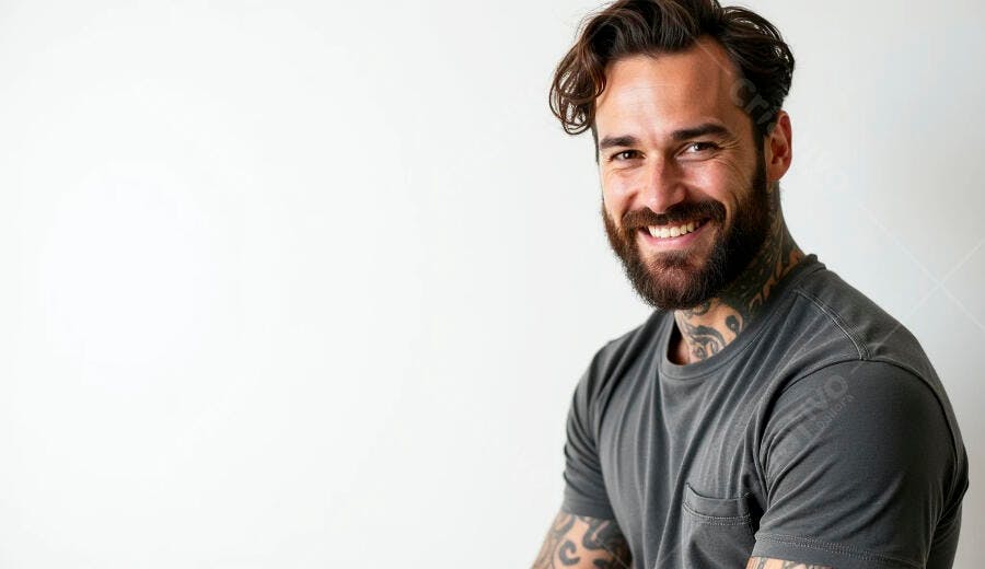 Homem barbudo tatuado sorrindo camiseta cinza fundo branco