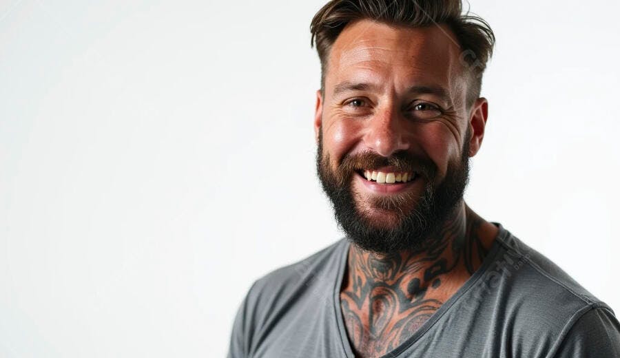 Homem barbudo sorrindo com tatuagens no pescoço e camiseta cinza