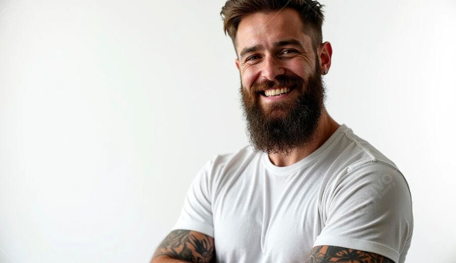 Homem barbudo sorrindo feliz com camisa branca e tatuagens