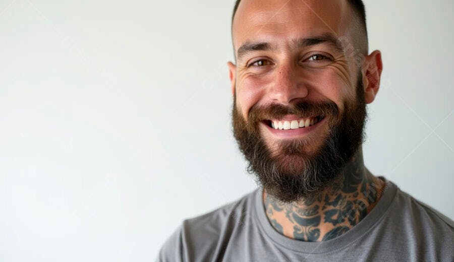 Homem barbudo tatuado sorrindo feliz camiseta cinza fundo branco
