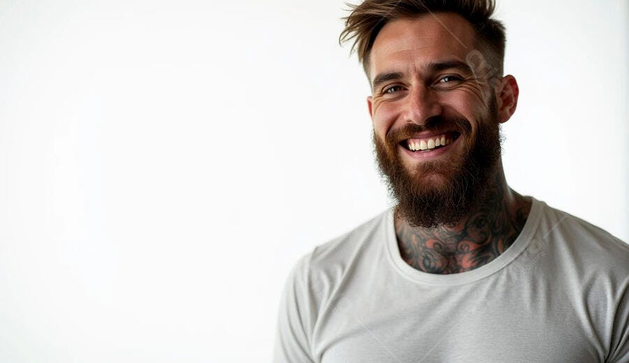 Homem barbudo tatuado sorrindo feliz com camiseta branca em fundo branco