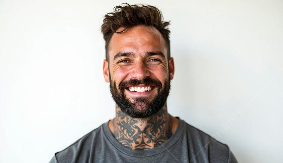 Homem barbudo sorrindo com tatuagens no pescoço e camiseta cinza