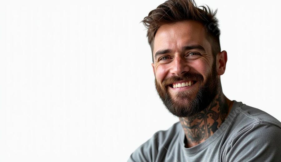 Homem branco barbudo com tatuagens sorrindo feliz em camiseta cinza e fundo branco