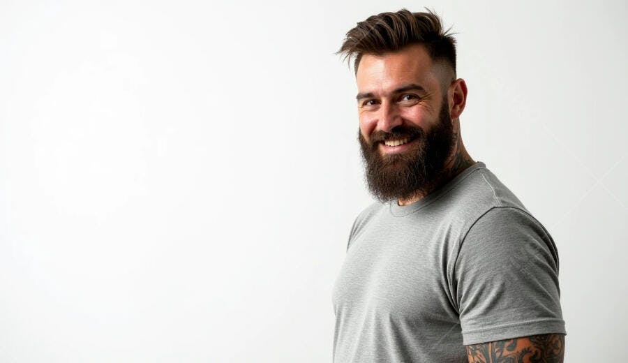Homem caucasiano barbudo sorrindo camiseta cinza fundo branco