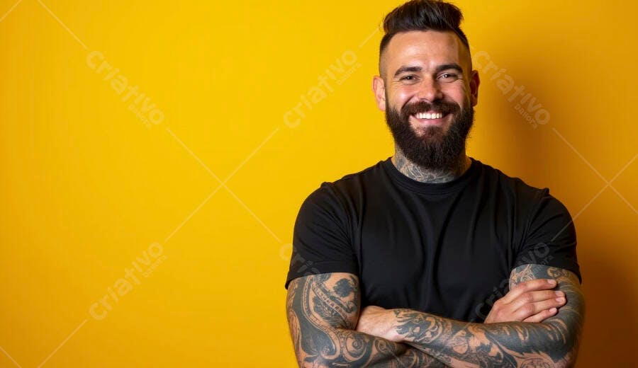 Homem barbudo tatuado sorrindo em camiseta preta contra fundo amarelo vibrante
