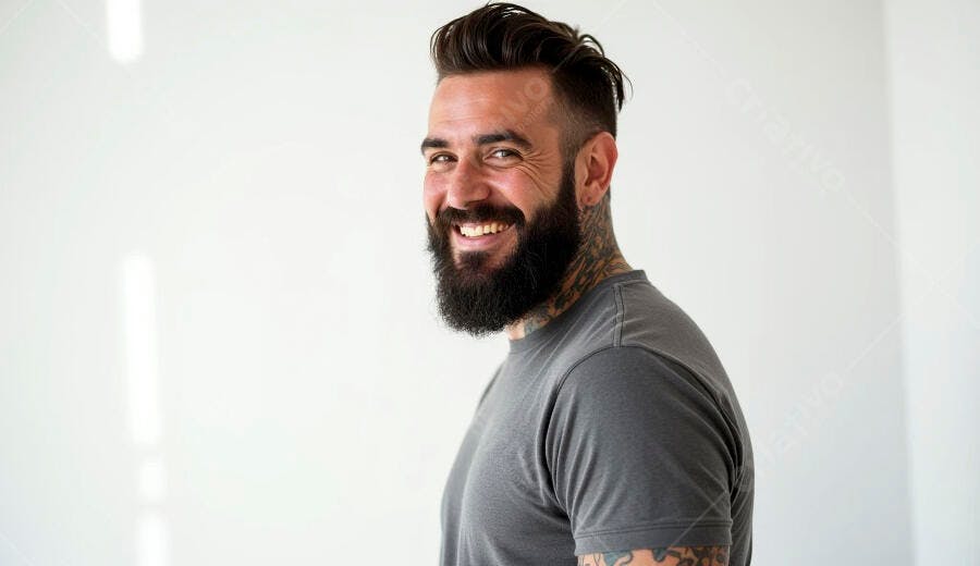 Homem barbudo com tatuagens sorrindo feliz em fundo branco minimalista
